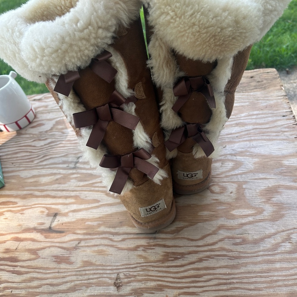 UGG Tan and Cream Shearling Boots with Bows